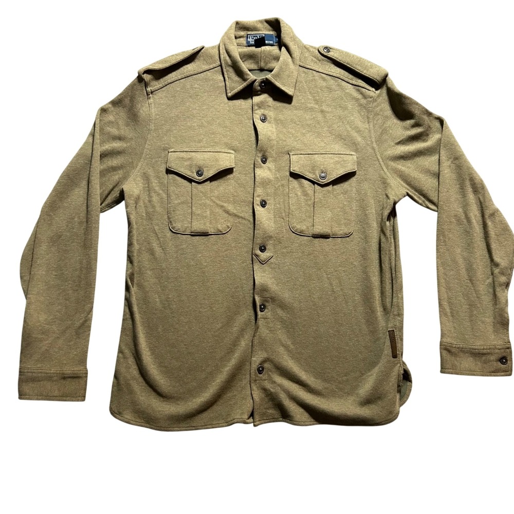 Polo Ralph Lauren Field Shirt Jacket Mens L Olive Green Cotton Wool Military